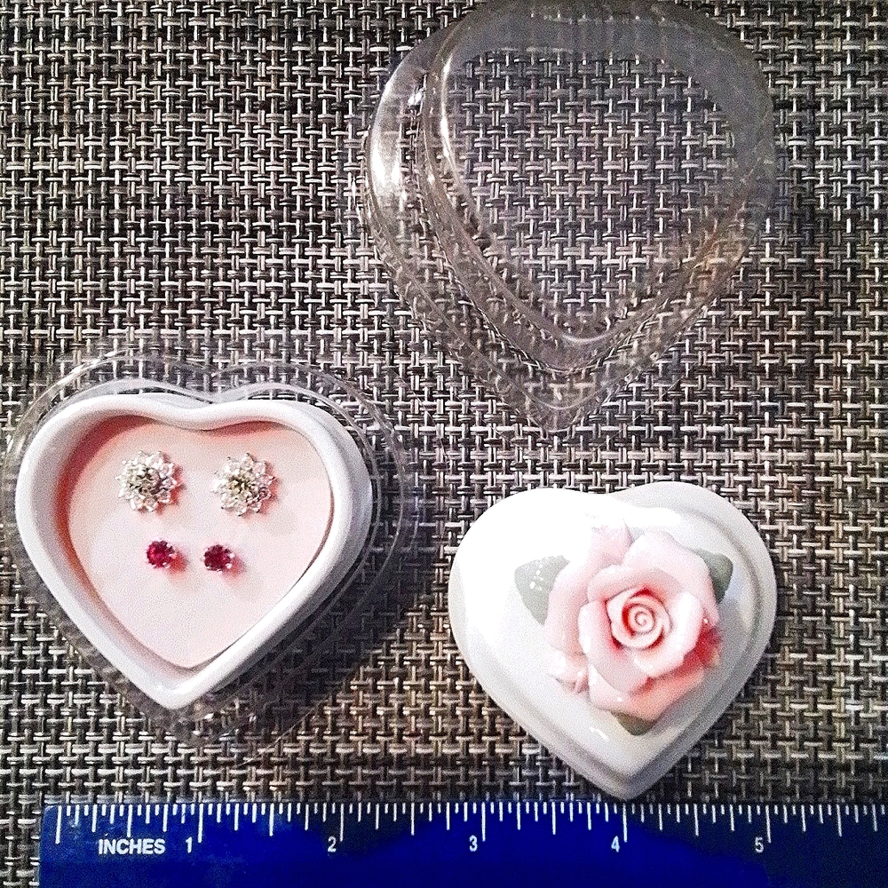 Beautiful Pink Rose Porcelain Trinket Box w/ 2 Gorgeous Pairs of Silver Earrings
